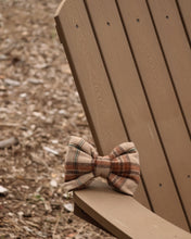 Load image into Gallery viewer, Plaid dog dog bowtie in warm camel, brown, cream, and rust tones with a classic heritage-inspired design.