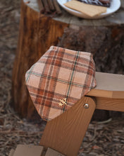 Load image into Gallery viewer, Plaid dog bandana in warm camel, brown, cream, and rust tones with a classic heritage-inspired pattern.