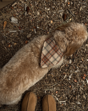 Load image into Gallery viewer, A timeless plaid in warm camel, brown, cream, and rust with a subtle touch of warm blue.