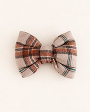 Load image into Gallery viewer, Plaid dog dog bowtie in warm camel, brown, cream, and rust tones with a classic heritage-inspired design.