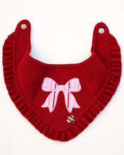 Load image into Gallery viewer, Red knitted dog bandana with a pink bow design on a white background