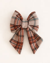 Load image into Gallery viewer, Plaid dog dog bowtie in warm camel, brown, cream, and rust tones with a classic heritage-inspired design.