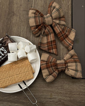 Load image into Gallery viewer, Plaid dog sailor bow in warm camel, brown, cream, and rust tones with a classic heritage-inspired design.