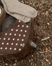 Load image into Gallery viewer, Dottie dog bandana cream polka dots on a rich chocolate brown knit with scalloped trim.
