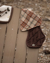 Load image into Gallery viewer, Plaid dog bandana in warm camel, brown, cream, and rust tones with a classic heritage-inspired pattern.
