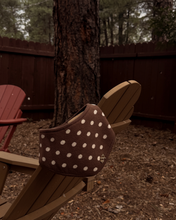 Load image into Gallery viewer, Dottie dog bandana cream polka dots on a rich chocolate brown knit with scalloped trim.
