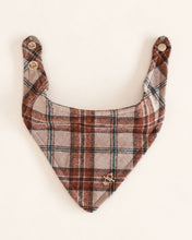 Load image into Gallery viewer, Plaid dog bandana in warm camel, brown, cream, and rust tones with a classic heritage-inspired pattern.

