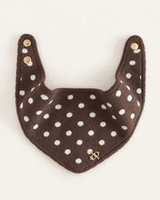 Load image into Gallery viewer, Dottie dog bandana cream polka dots on a rich chocolate brown knit with scalloped trim.
